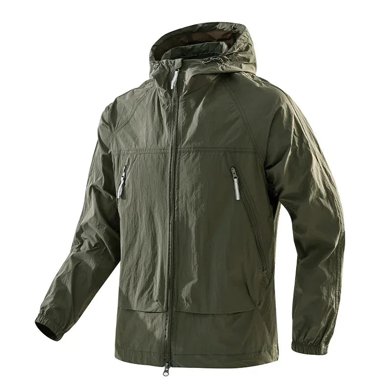 Men's UPF50+ Hooded Windbreaker Jacket Ultra Light Summer Zipper Pocket Elastic Cuffs Outdoor Hiking Running Jacket