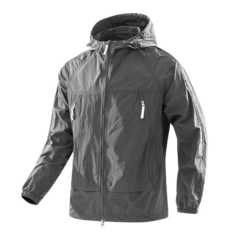 Men's UPF50+ Hooded Windbreaker Jacket Ultra Light Summer Zipper Pocket Elastic Cuffs Outdoor Hiking Running Jacket