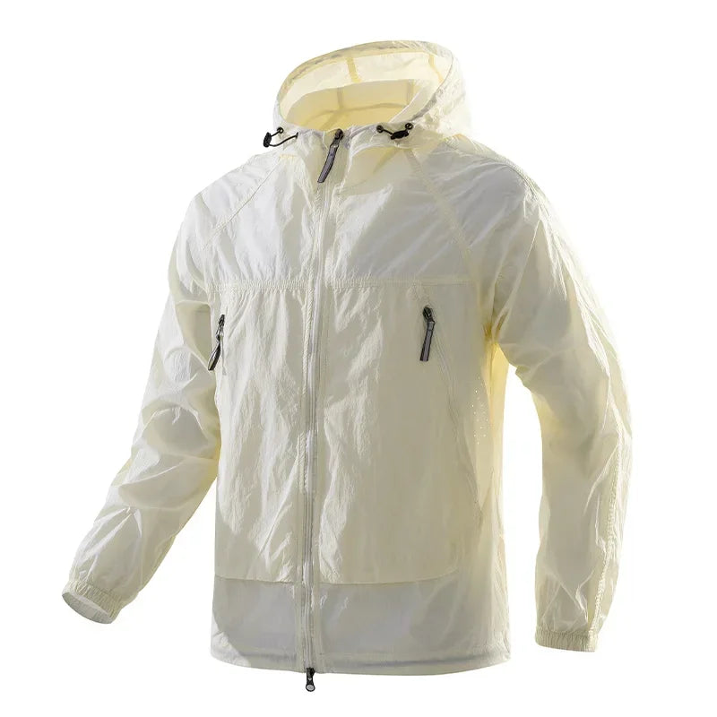 Men's UPF50+ Hooded Windbreaker Jacket Ultra Light Summer Zipper Pocket Elastic Cuffs Outdoor Hiking Running Jacket