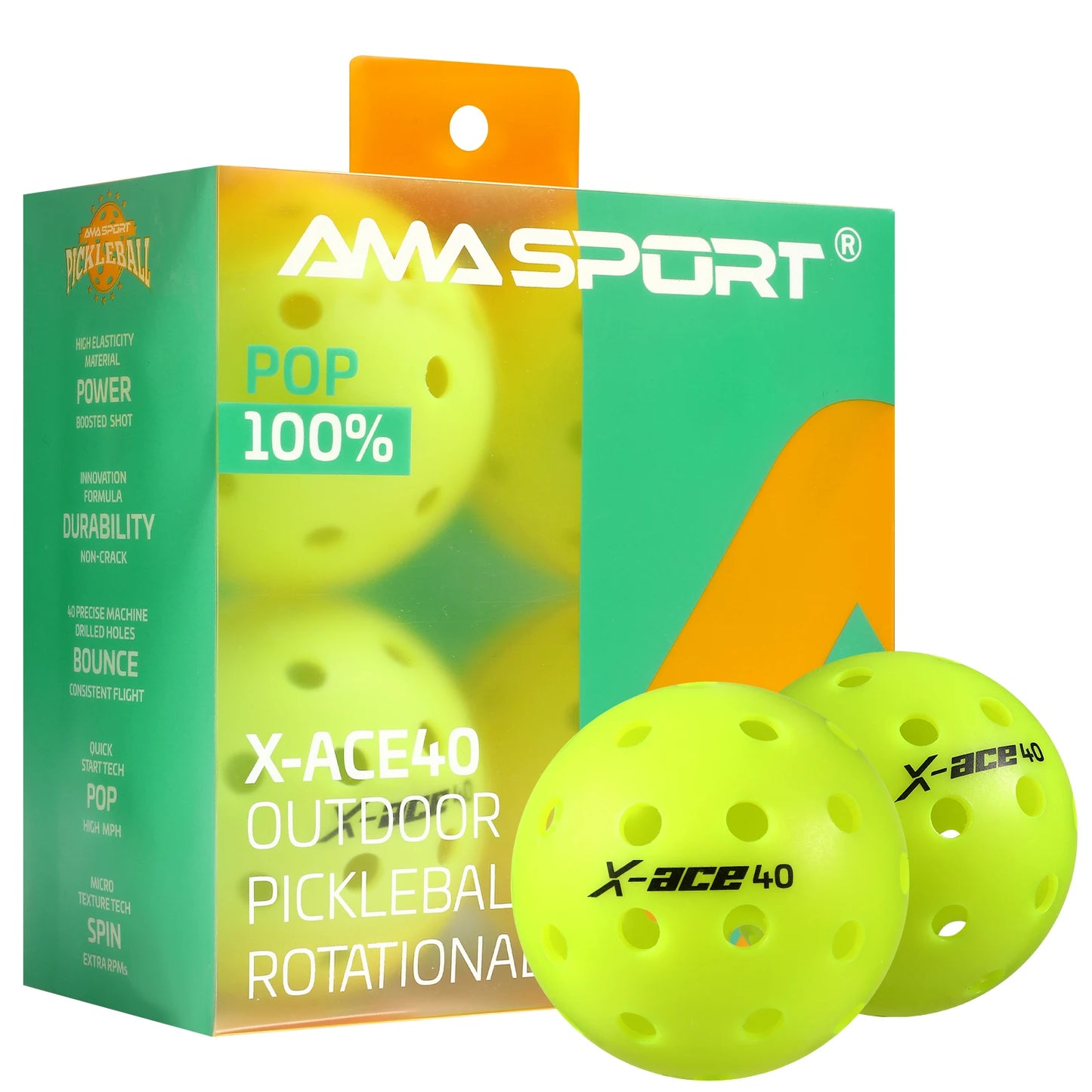 AMA Sport X-ACE Pickleballs 40 Hole Outdoor Pickleball Balls Crack Resistant ONE Piece Balls 100% POP-Optic Yellow
