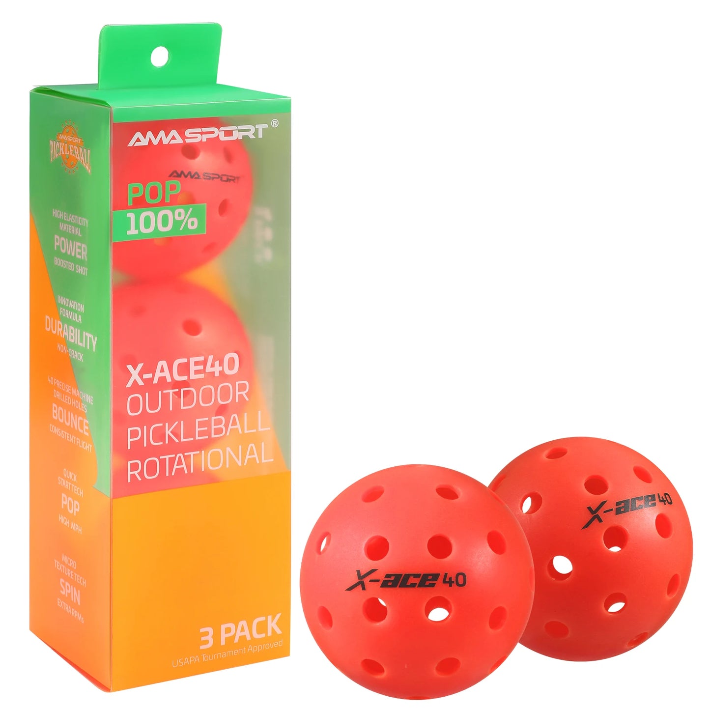 AMA Sport X-ACE Pickleballs 40 Hole Outdoor Pickleball Balls Crack Resistant ONE Piece Balls 100% POP-Optic Yellow