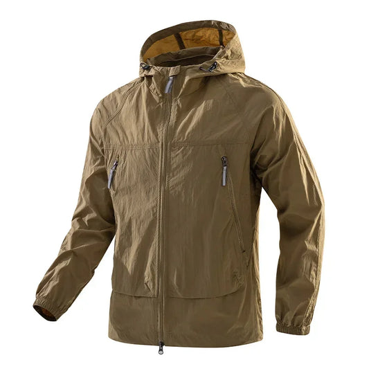 Men's UPF50+ Hooded Windbreaker Jacket Ultra Light Summer Zipper Pocket Elastic Cuffs Outdoor Hiking Running Jacket