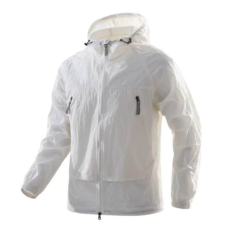 Men's UPF50+ Hooded Windbreaker Jacket Ultra Light Summer Zipper Pocket Elastic Cuffs Outdoor Hiking Running Jacket
