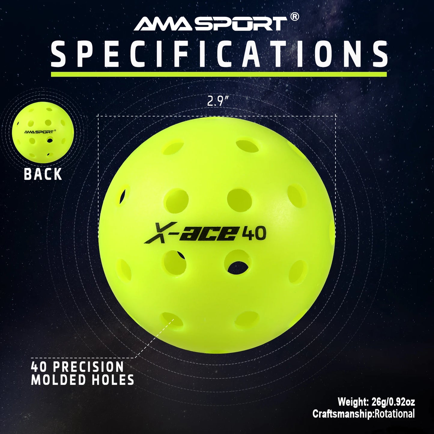AMA Sport X-ACE Pickleballs 40 Hole Outdoor Pickleball Balls Crack Resistant ONE Piece Balls 100% POP-Optic Yellow