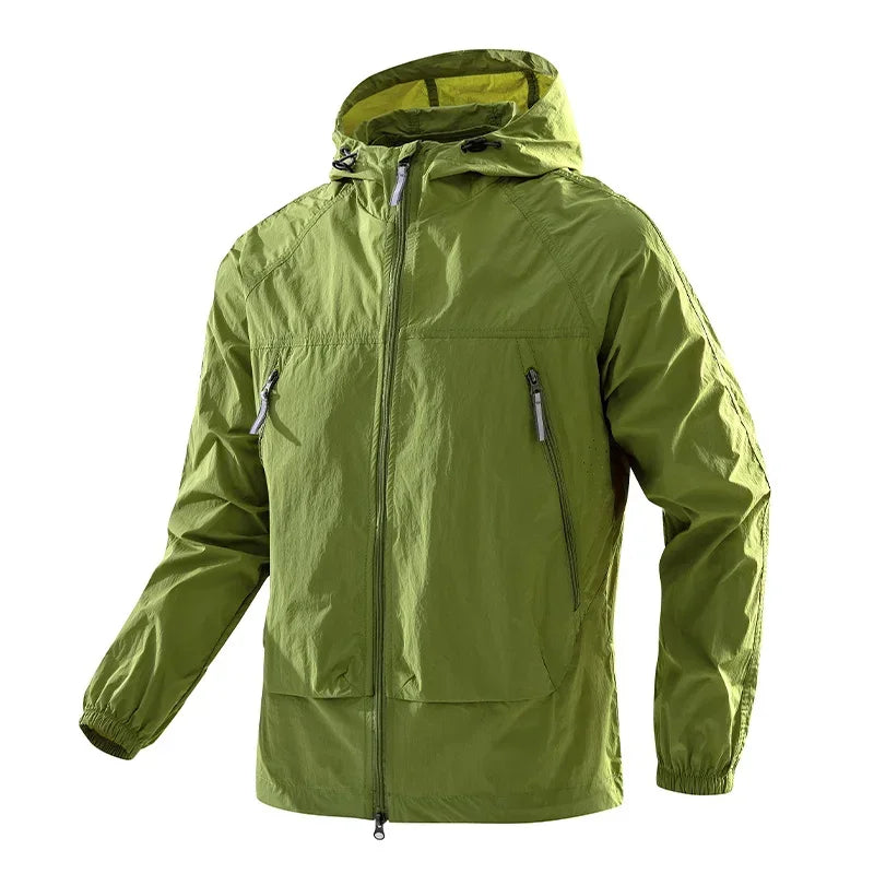 Men's UPF50+ Hooded Windbreaker Jacket Ultra Light Summer Zipper Pocket Elastic Cuffs Outdoor Hiking Running Jacket