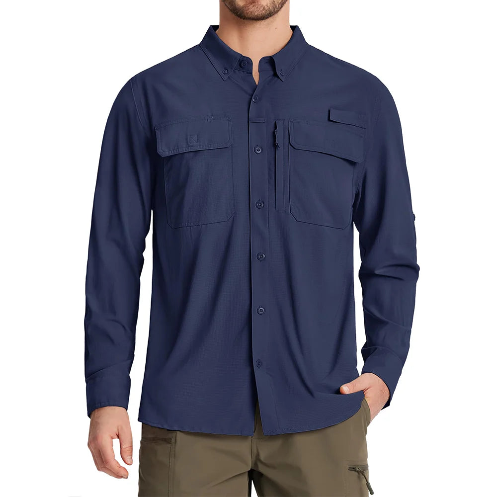 TACVASEN UPF 50+ Sun Protection Fishing Shirts Men's Quick Dry Long Sleeve Shirts Mesh Breathable Hiking Work Cargo Shirts