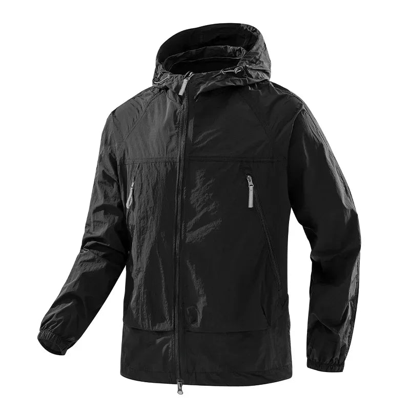 Men's UPF50+ Hooded Windbreaker Jacket Ultra Light Summer Zipper Pocket Elastic Cuffs Outdoor Hiking Running Jacket
