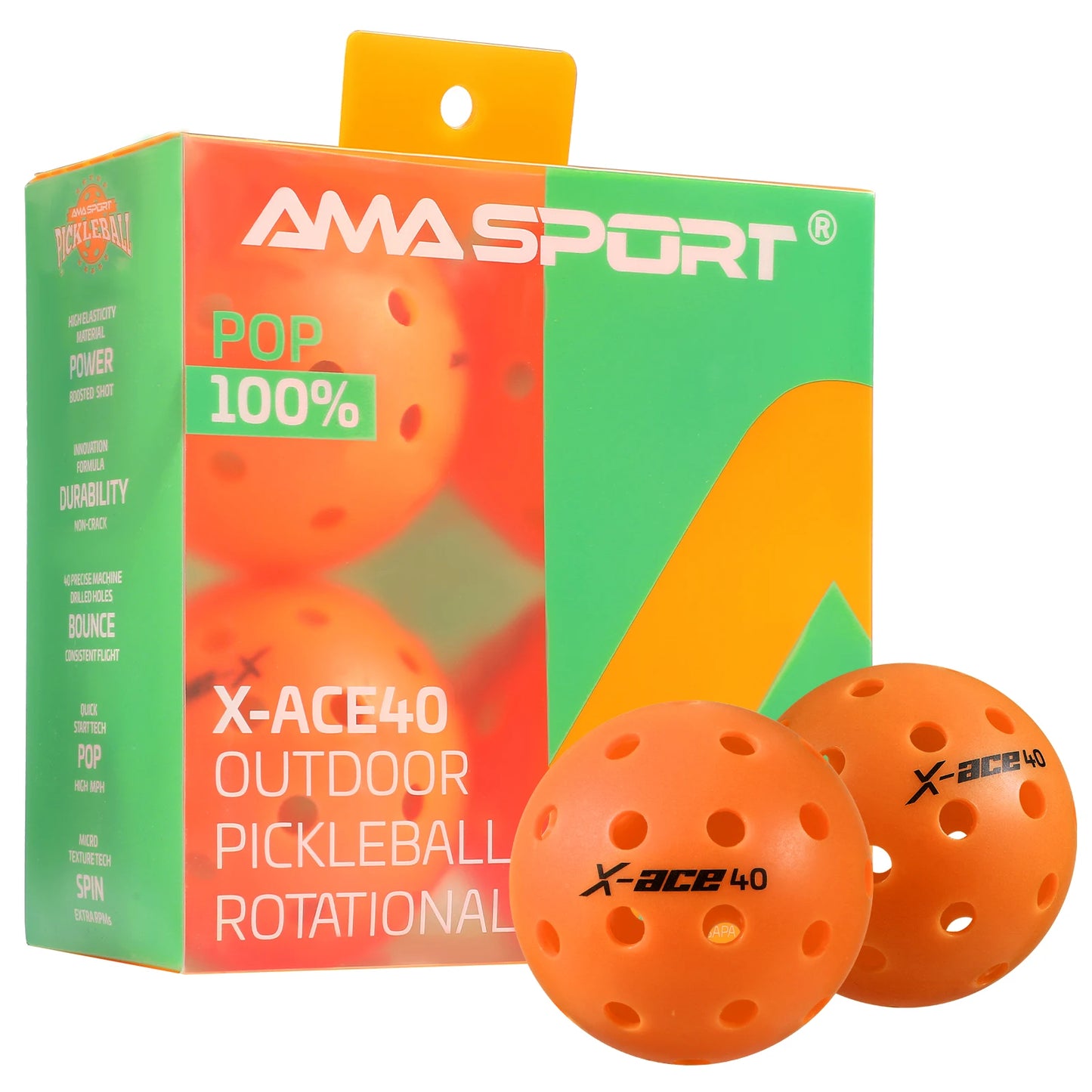 AMA Sport X-ACE Pickleballs 40 Hole Outdoor Pickleball Balls Crack Resistant ONE Piece Balls 100% POP-Optic Yellow