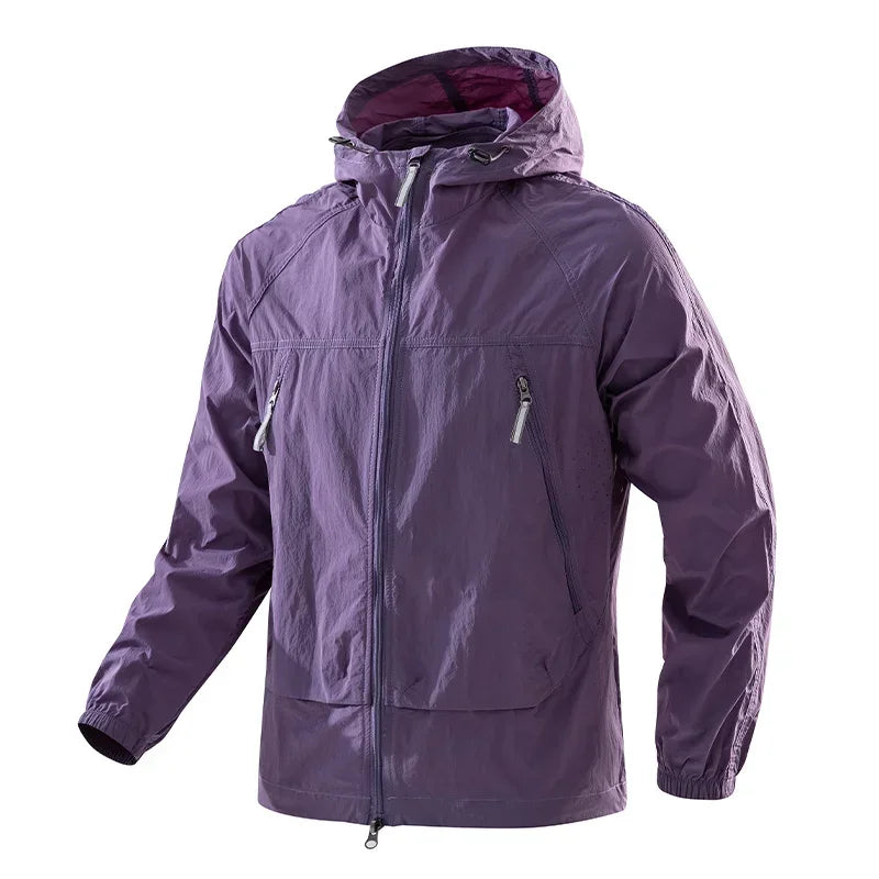 Men's UPF50+ Hooded Windbreaker Jacket Ultra Light Summer Zipper Pocket Elastic Cuffs Outdoor Hiking Running Jacket