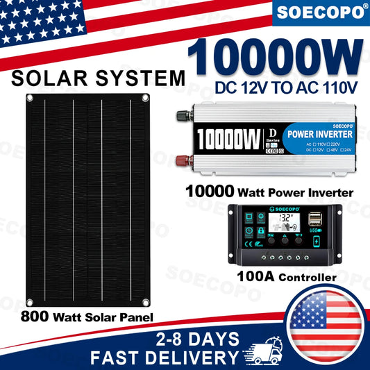 SOECOPO 10000W Peak 1100W Rated Solar Power System Kit with 800W Solar Panel 100A Charge Controller DC 12V to AC 110V Power Inverter LCD Dual USB for Home RV Camping Off Grid Emergency Backup Ships from USA US Warehouse 2-8 D