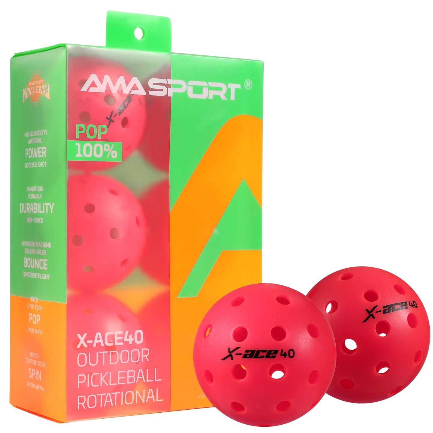 AMA Sport X-ACE Pickleballs 40 Hole Outdoor Pickleball Balls Crack Resistant ONE Piece Balls 100% POP-Optic Yellow